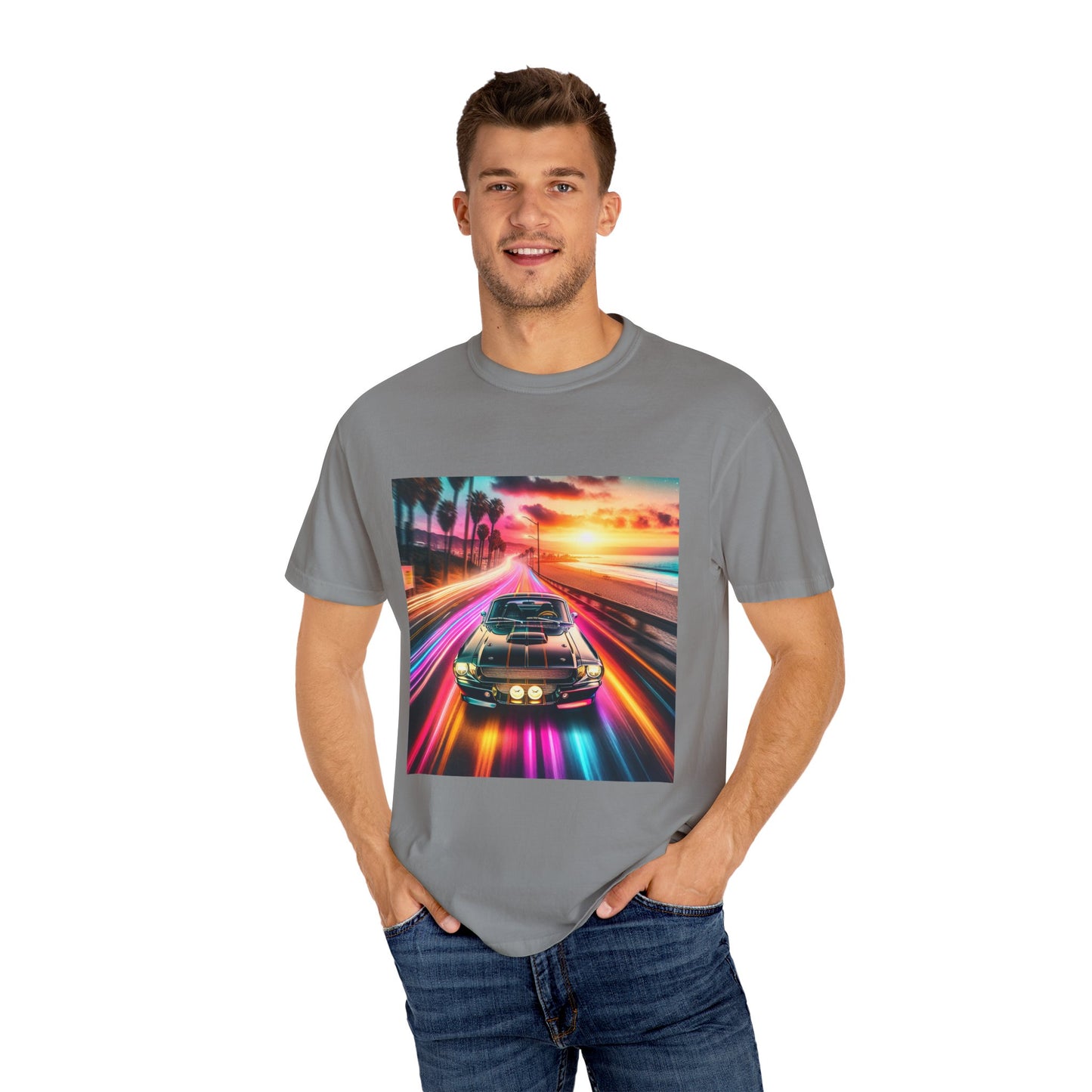 Retro Neon Car Graphic T-shirt, Unisex Vintage Tee, Summer Road Trip Shirt, Gift for Car Lovers, Bright and Fun Casual Wear