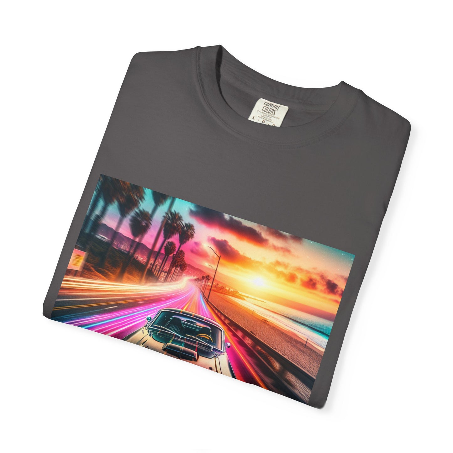 Retro Neon Car Graphic T-shirt, Unisex Vintage Tee, Summer Road Trip Shirt, Gift for Car Lovers, Bright and Fun Casual Wear