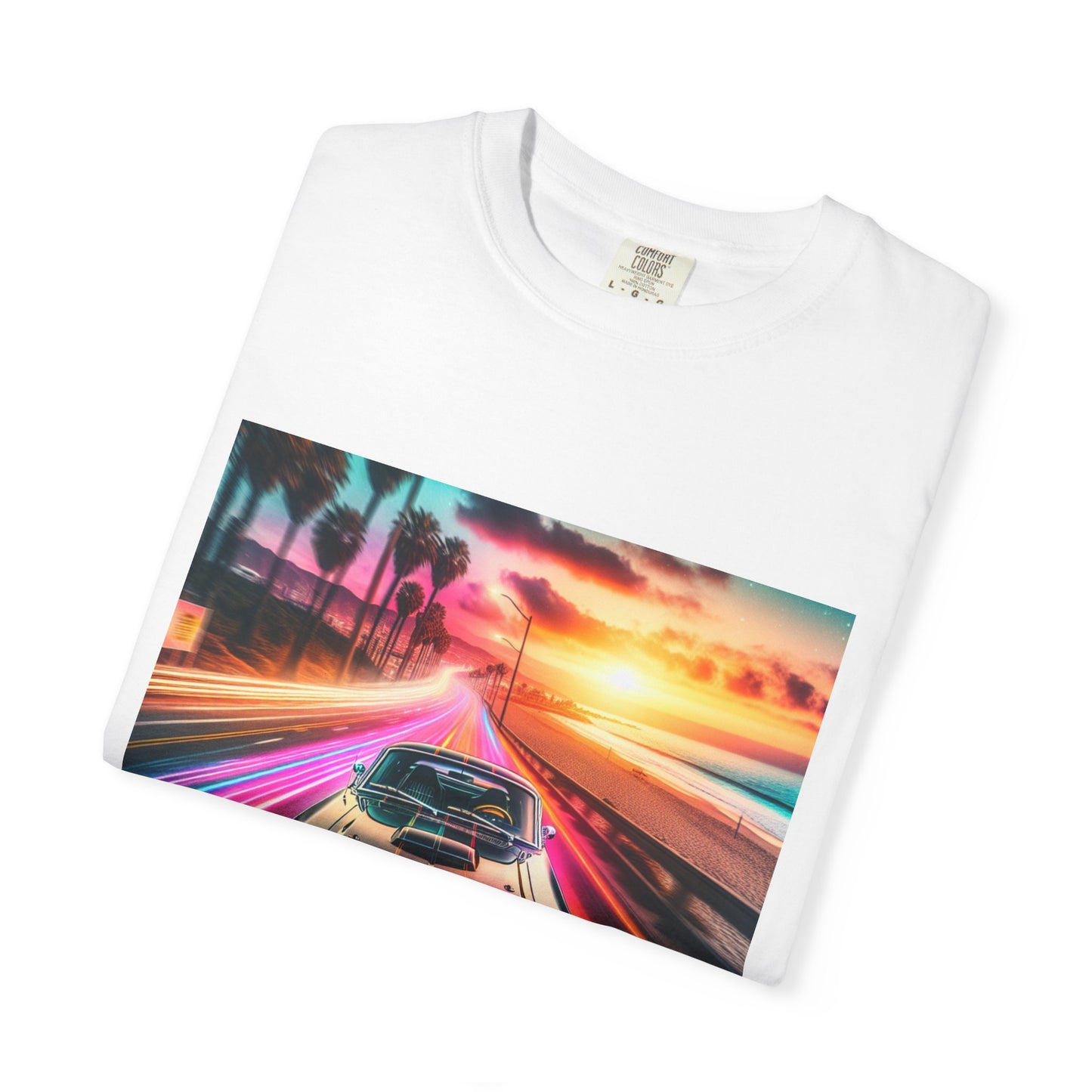 Retro Neon Car Graphic T-shirt, Unisex Vintage Tee, Summer Road Trip Shirt, Gift for Car Lovers, Bright and Fun Casual Wear