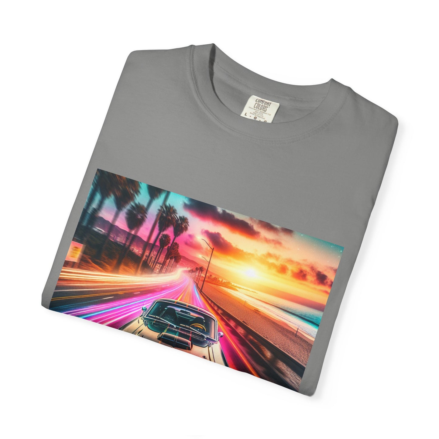 Retro Neon Car Graphic T-shirt, Unisex Vintage Tee, Summer Road Trip Shirt, Gift for Car Lovers, Bright and Fun Casual Wear