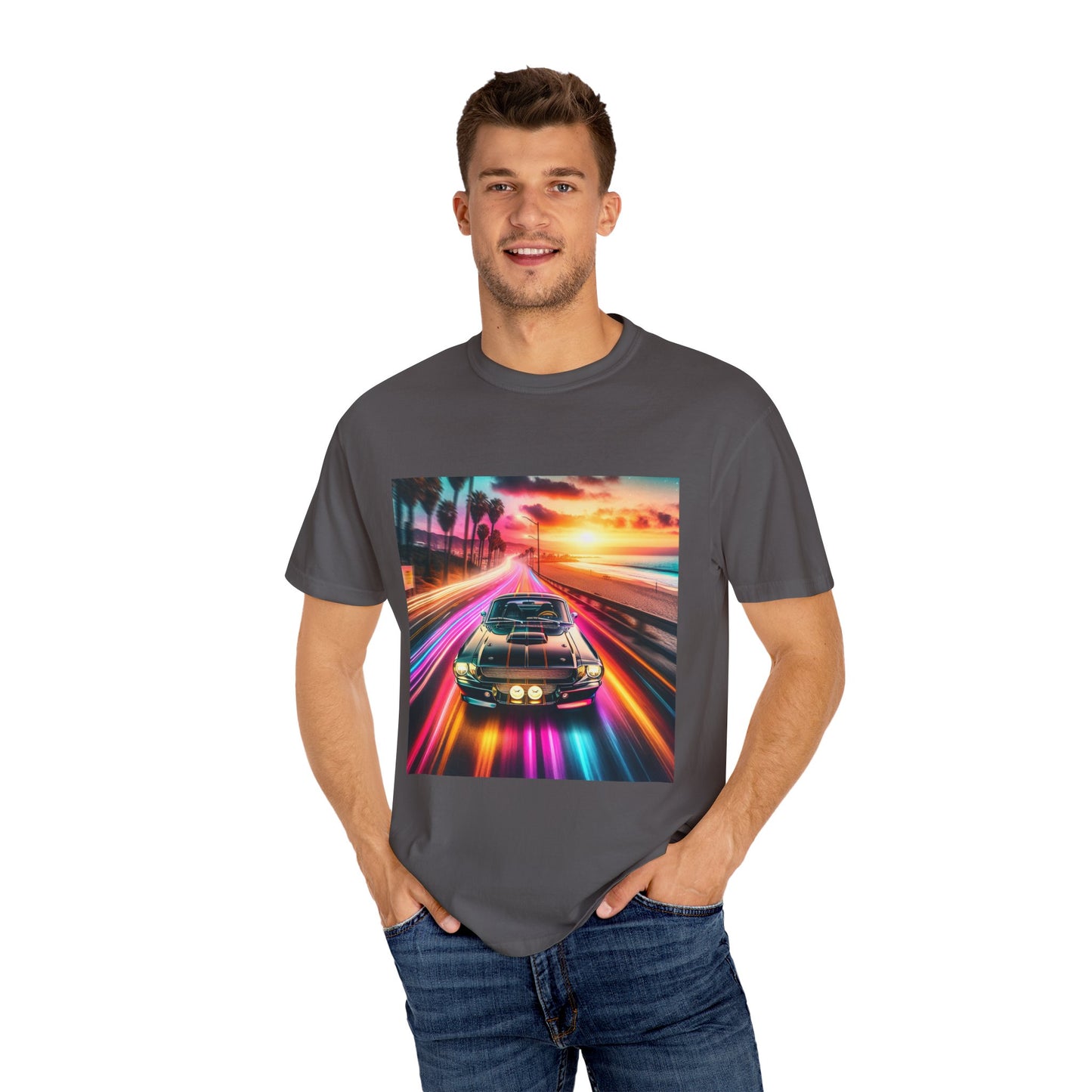 Retro Neon Car Graphic T-shirt, Unisex Vintage Tee, Summer Road Trip Shirt, Gift for Car Lovers, Bright and Fun Casual Wear