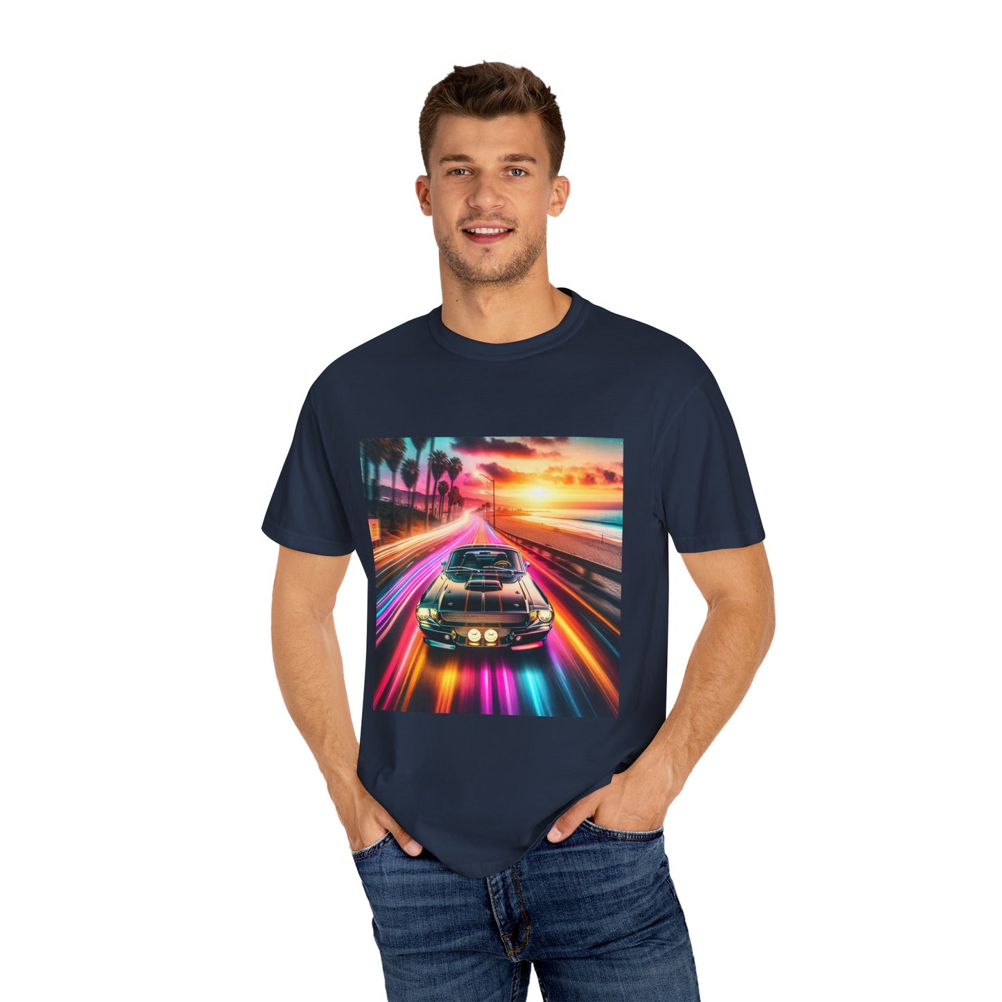 Retro Neon Car Graphic T-shirt, Unisex Vintage Tee, Summer Road Trip Shirt, Gift for Car Lovers, Bright and Fun Casual Wear