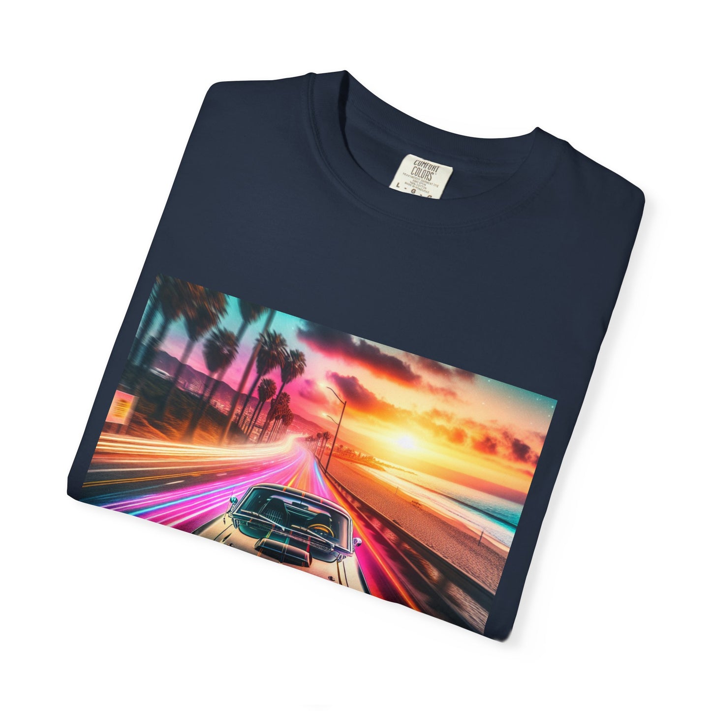 Retro Neon Car Graphic T-shirt, Unisex Vintage Tee, Summer Road Trip Shirt, Gift for Car Lovers, Bright and Fun Casual Wear