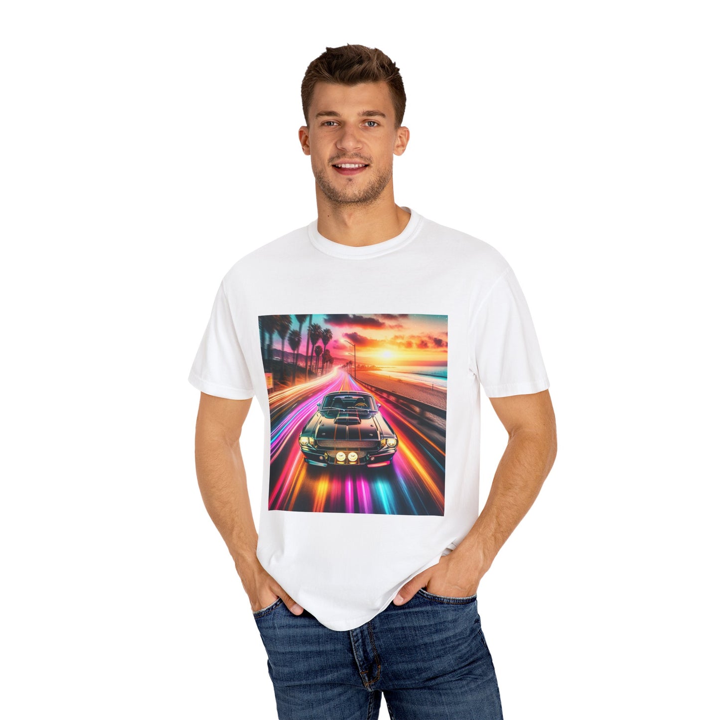 Retro Neon Car Graphic T-shirt, Unisex Vintage Tee, Summer Road Trip Shirt, Gift for Car Lovers, Bright and Fun Casual Wear