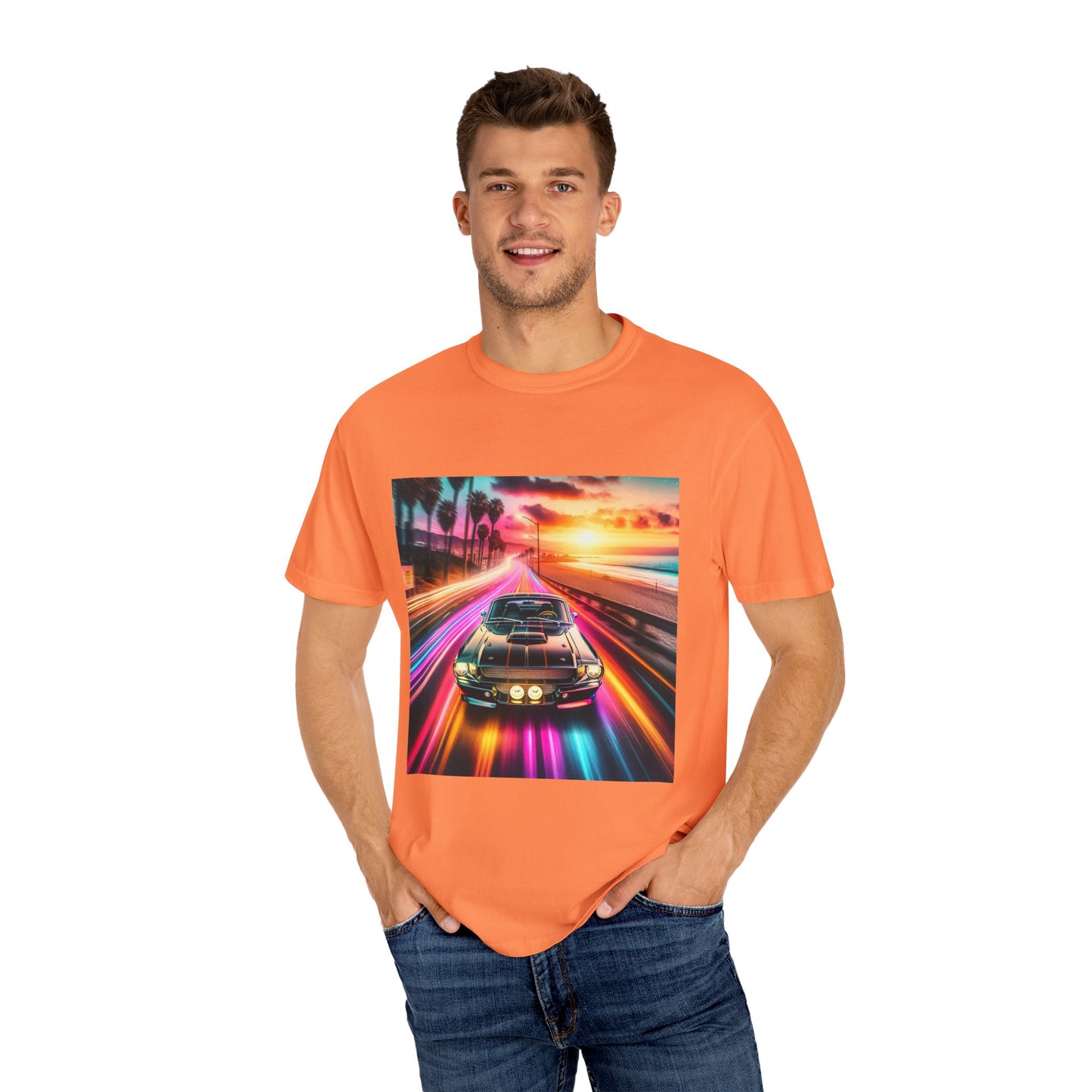 Retro Neon Car Graphic T-shirt, Unisex Vintage Tee, Summer Road Trip Shirt, Gift for Car Lovers, Bright and Fun Casual Wear