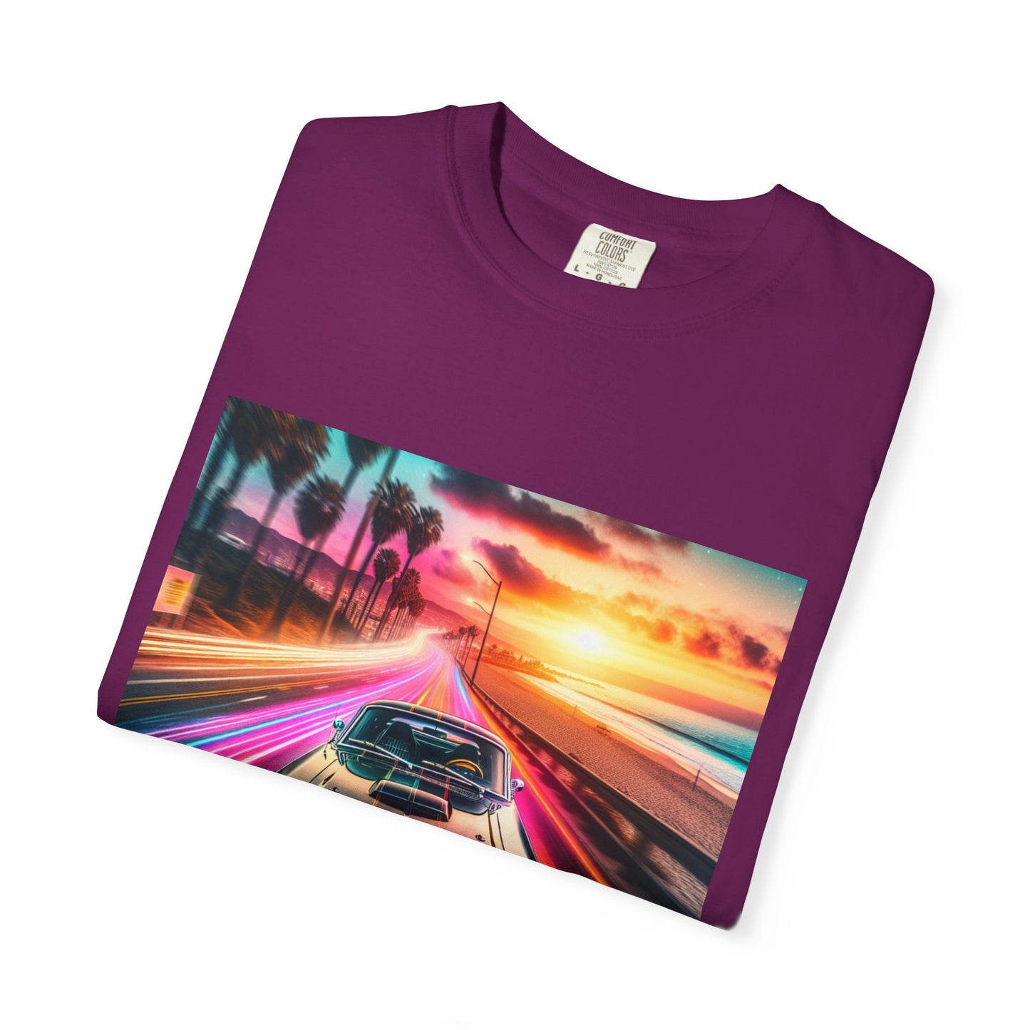Retro Neon Car Graphic T-shirt, Unisex Vintage Tee, Summer Road Trip Shirt, Gift for Car Lovers, Bright and Fun Casual Wear