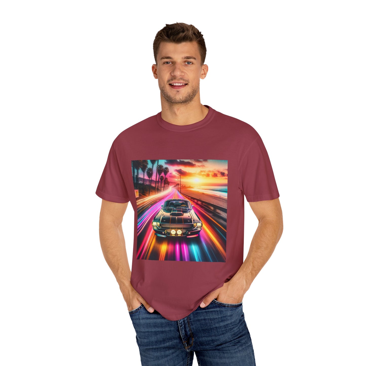 Retro Neon Car Graphic T-shirt, Unisex Vintage Tee, Summer Road Trip Shirt, Gift for Car Lovers, Bright and Fun Casual Wear