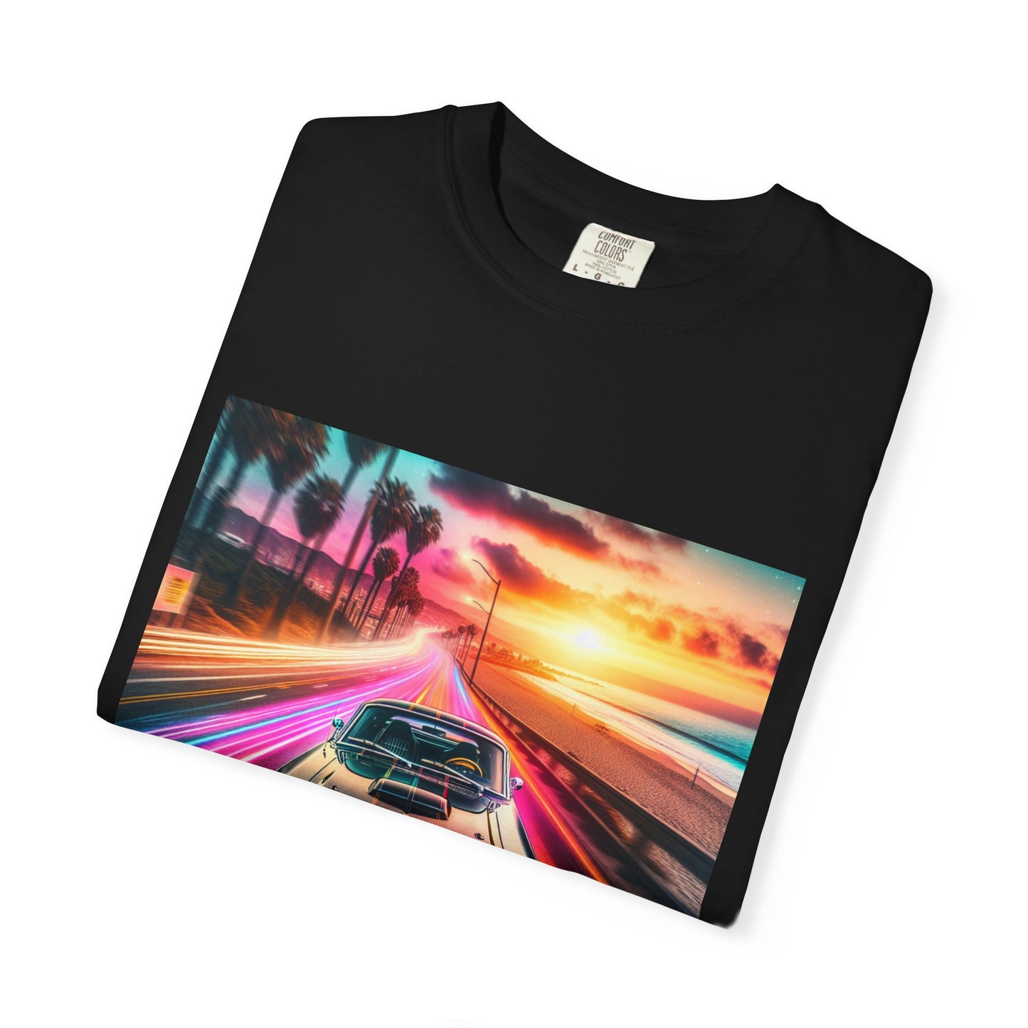 Retro Neon Car Graphic T-shirt, Unisex Vintage Tee, Summer Road Trip Shirt, Gift for Car Lovers, Bright and Fun Casual Wear