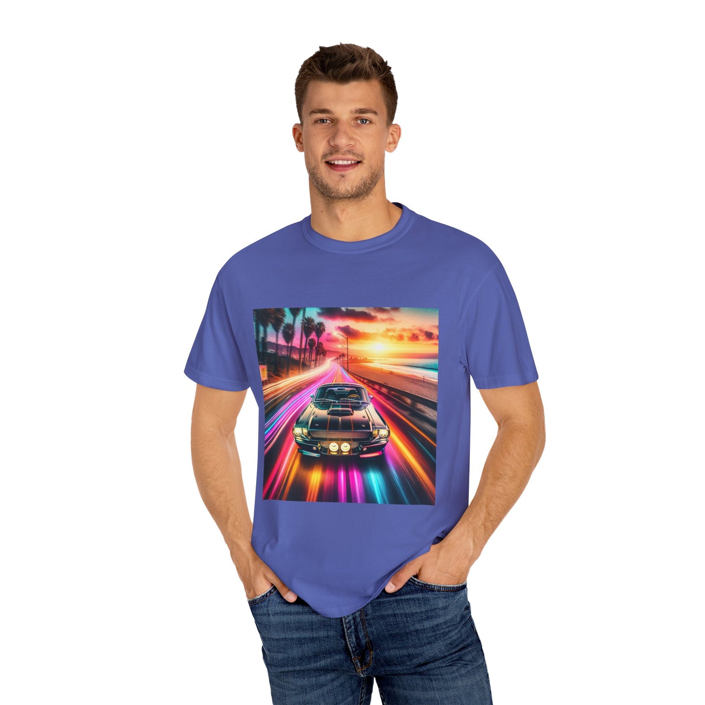 Retro Neon Car Graphic T-shirt, Unisex Vintage Tee, Summer Road Trip Shirt, Gift for Car Lovers, Bright and Fun Casual Wear