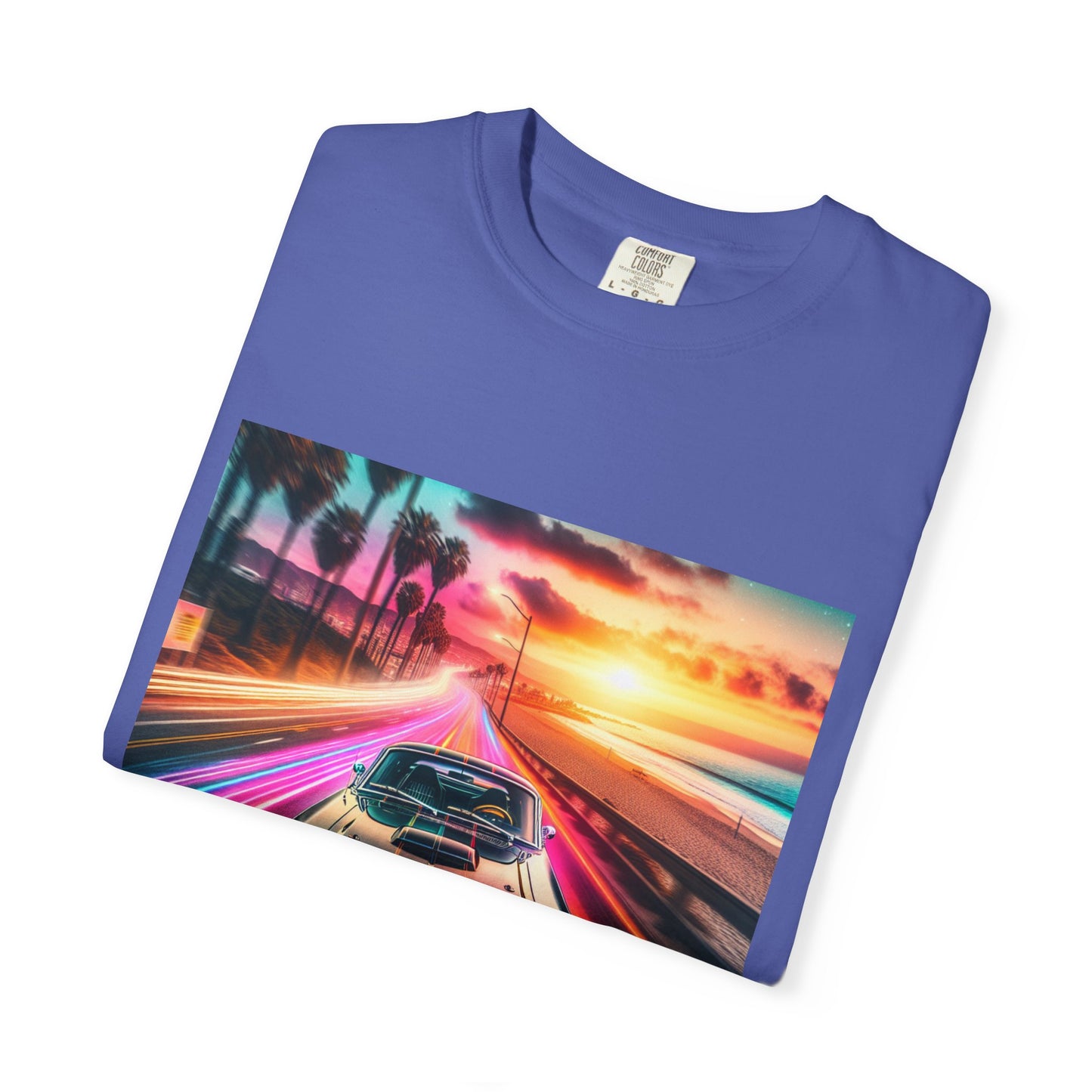 Retro Neon Car Graphic T-shirt, Unisex Vintage Tee, Summer Road Trip Shirt, Gift for Car Lovers, Bright and Fun Casual Wear