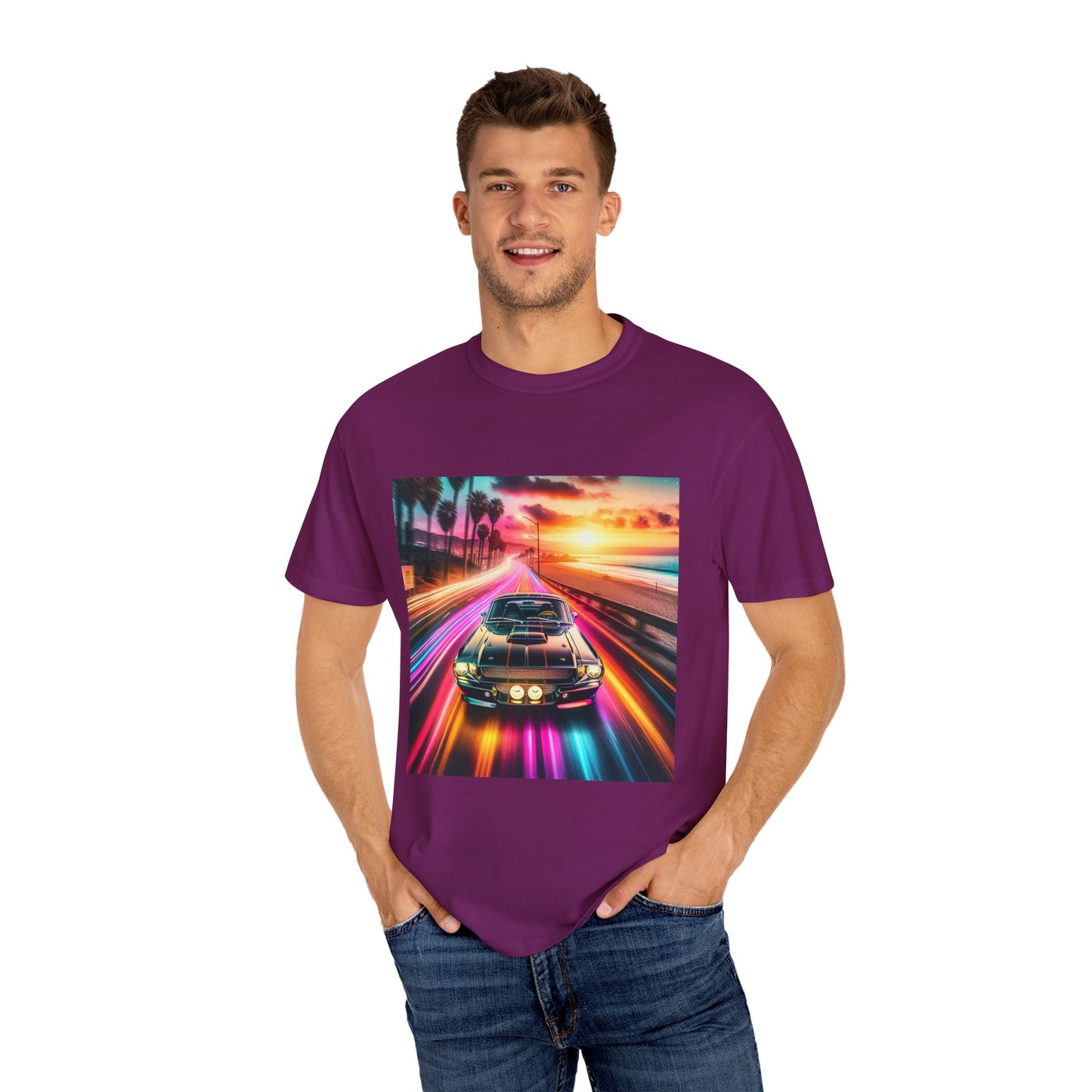 Retro Neon Car Graphic T-shirt, Unisex Vintage Tee, Summer Road Trip Shirt, Gift for Car Lovers, Bright and Fun Casual Wear
