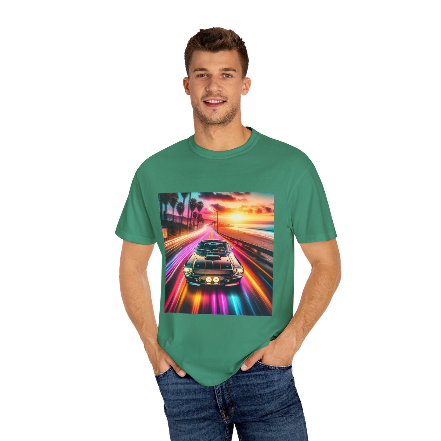 Retro Neon Car Graphic T-shirt, Unisex Vintage Tee, Summer Road Trip Shirt, Gift for Car Lovers, Bright and Fun Casual Wear