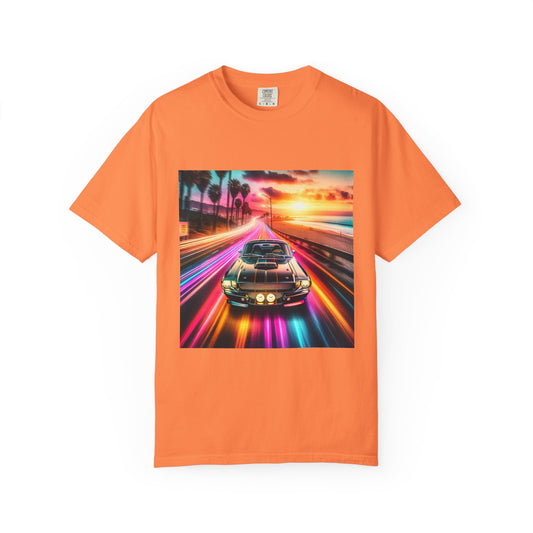 Retro Neon Car Graphic T-shirt, Unisex Vintage Tee, Summer Road Trip Shirt, Gift for Car Lovers, Bright and Fun Casual Wear