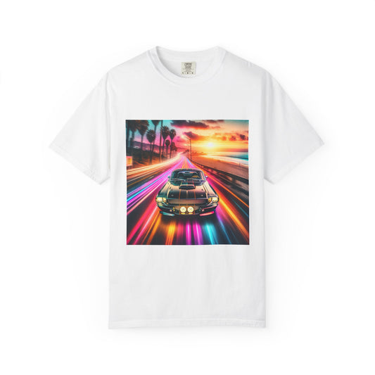 Retro Neon Car Graphic T-shirt, Unisex Vintage Tee, Summer Road Trip Shirt, Gift for Car Lovers, Bright and Fun Casual Wear